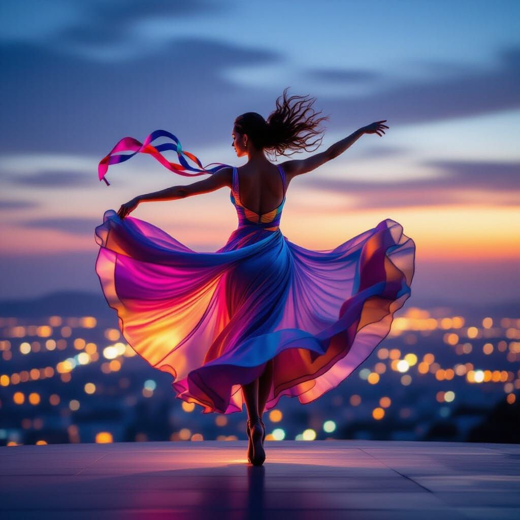 Graceful Dancer Spins Above Glowing City at Twilight