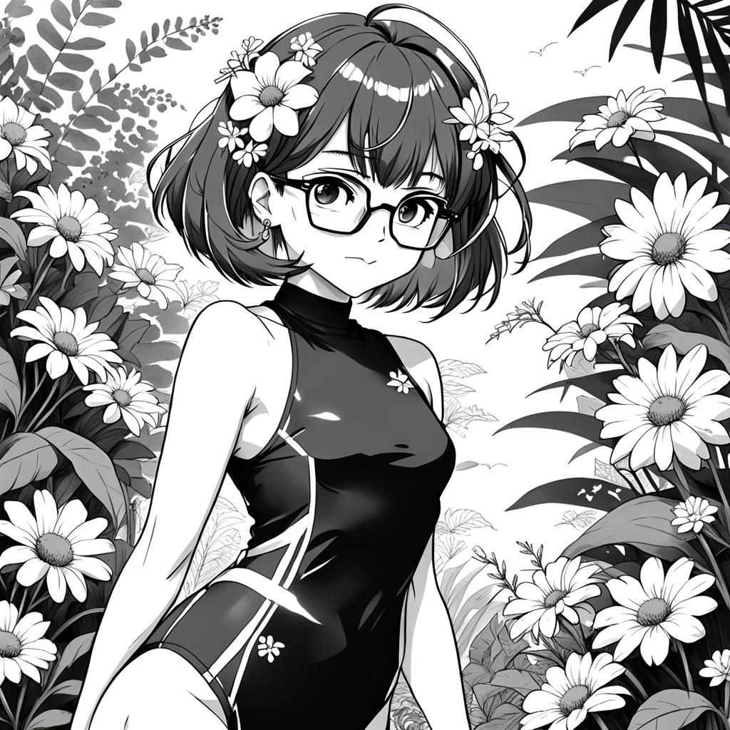80s Anime Woman in Swimsuit, Black and White