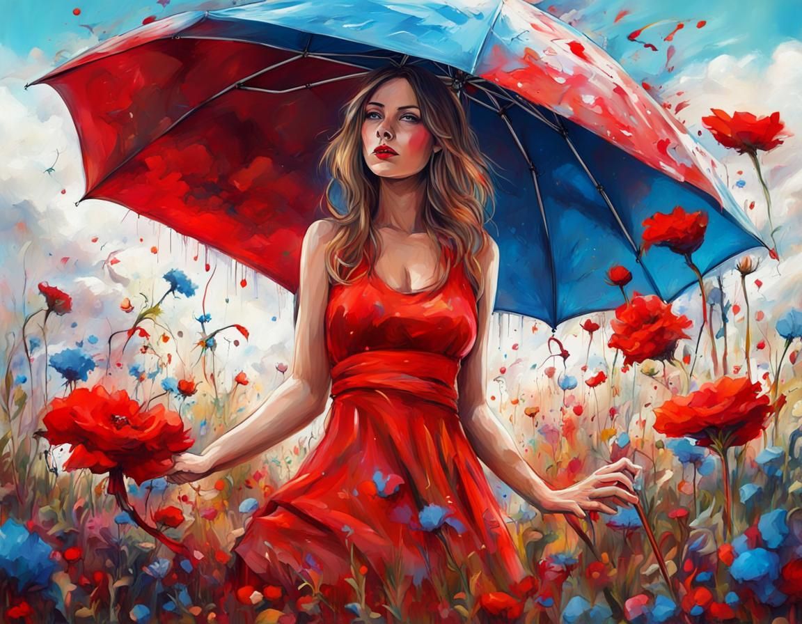 Lady in Red Dress, Graffiti Art in Floral Meadow