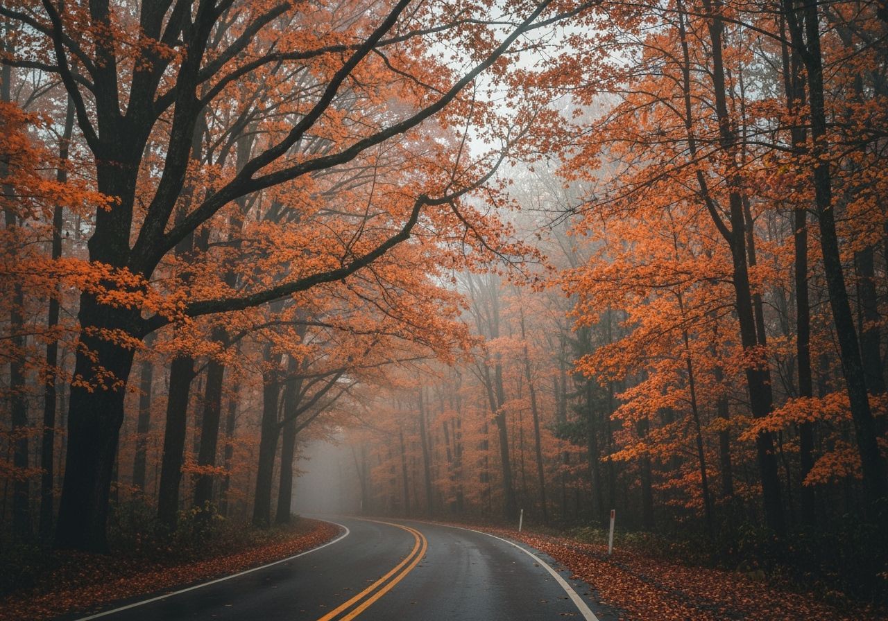 Foggy Autumn Road Through Vibrant Woods