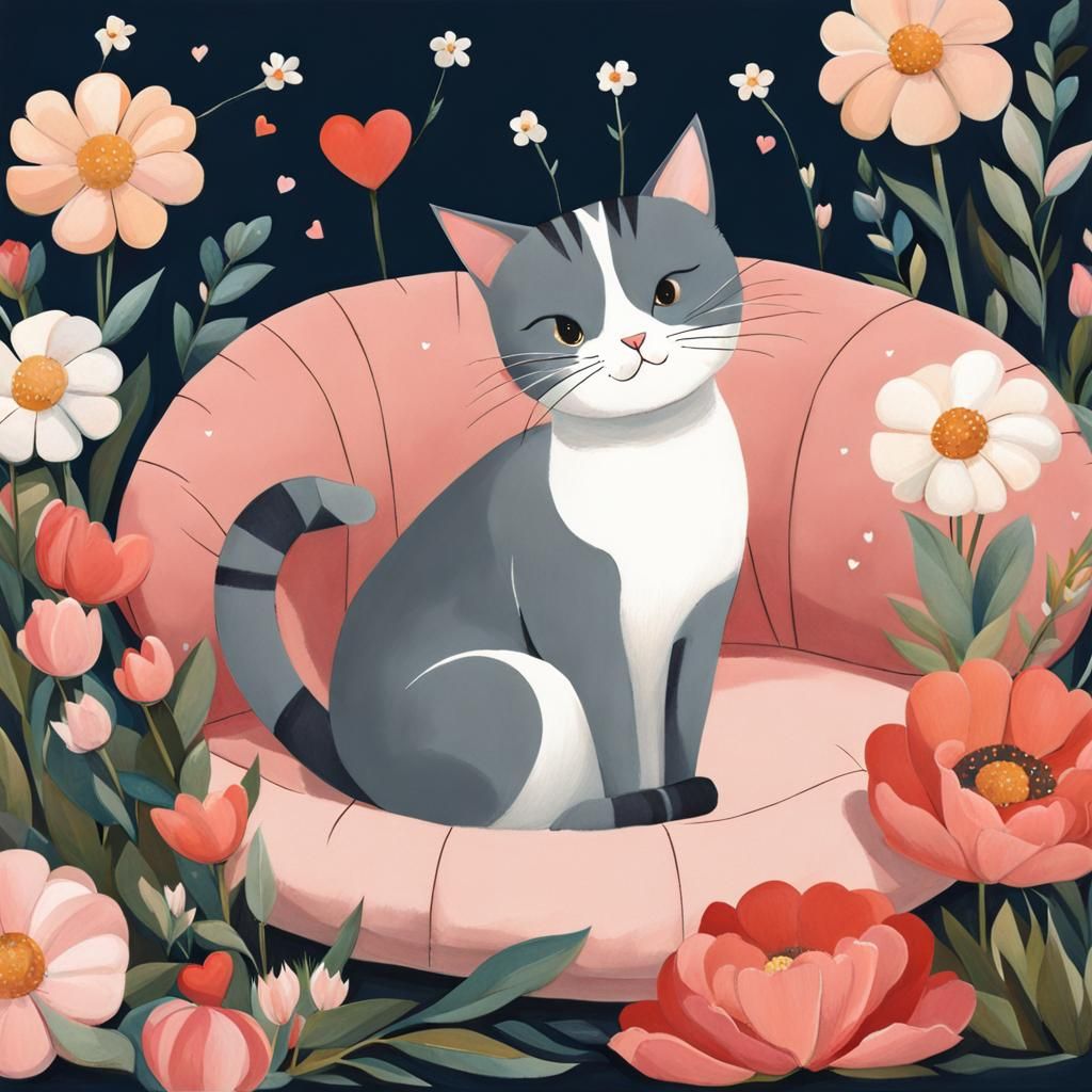 Cute Cat with Flowers in Children's Illustration Style