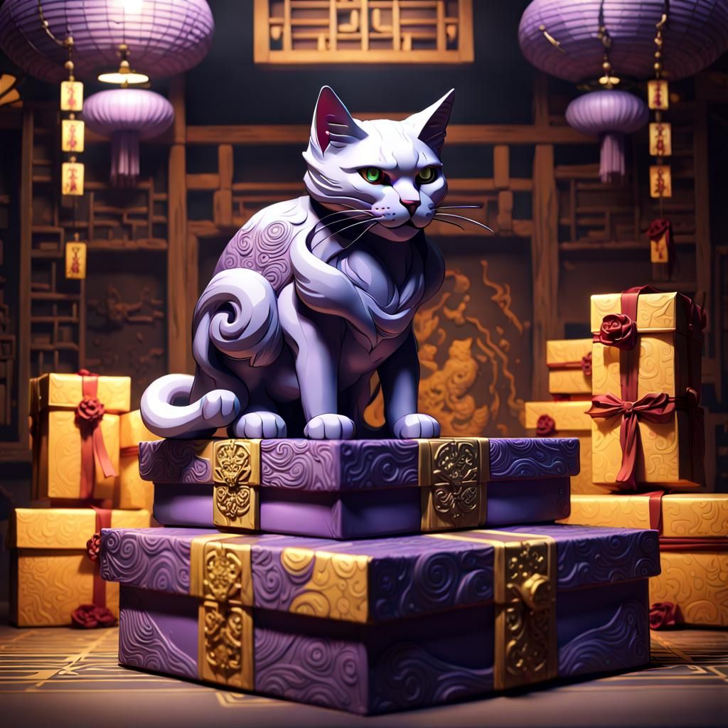 Ancient Japanese Cat with Gift Box, Dark Fantasy Art