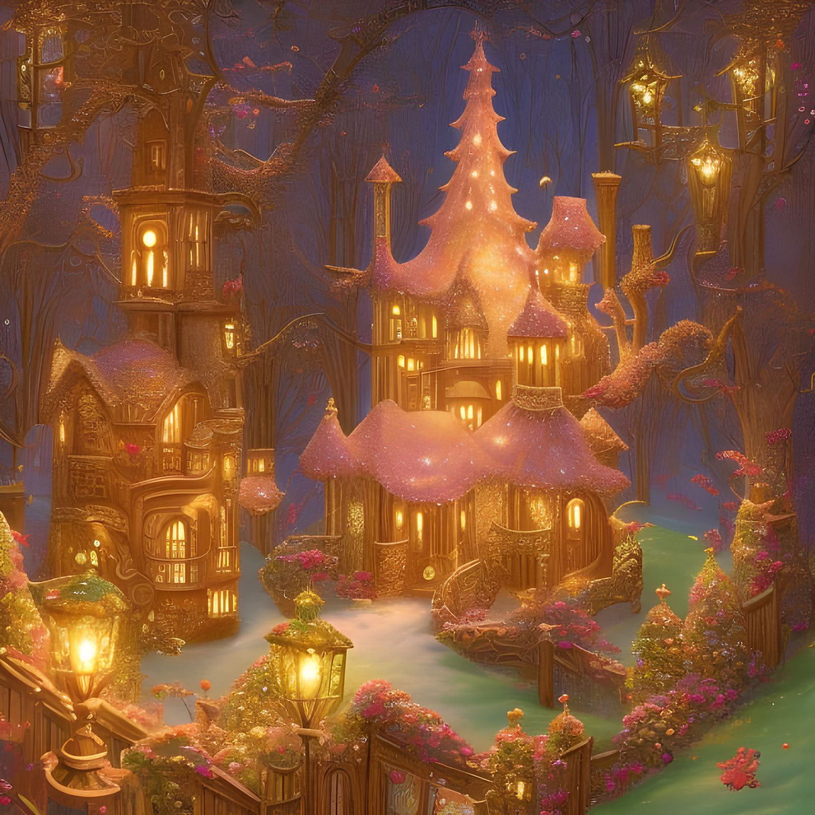 Ornate Gingerbread Castle Digital Illustration in Pastel Col...