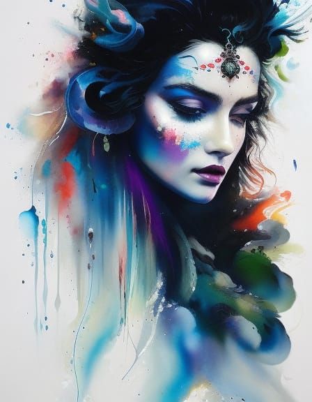 Gypsy Girl with Black Hair, Watercolor Splash Art