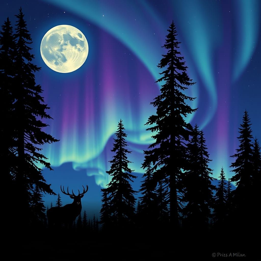 Ethereal Night Scene with Animals and Northern Lights