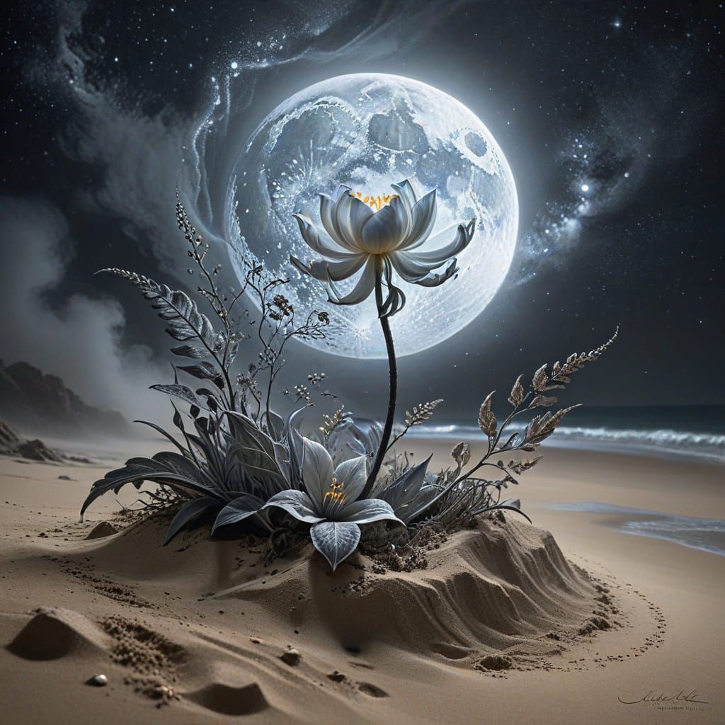 rare flower on the moonlit beach