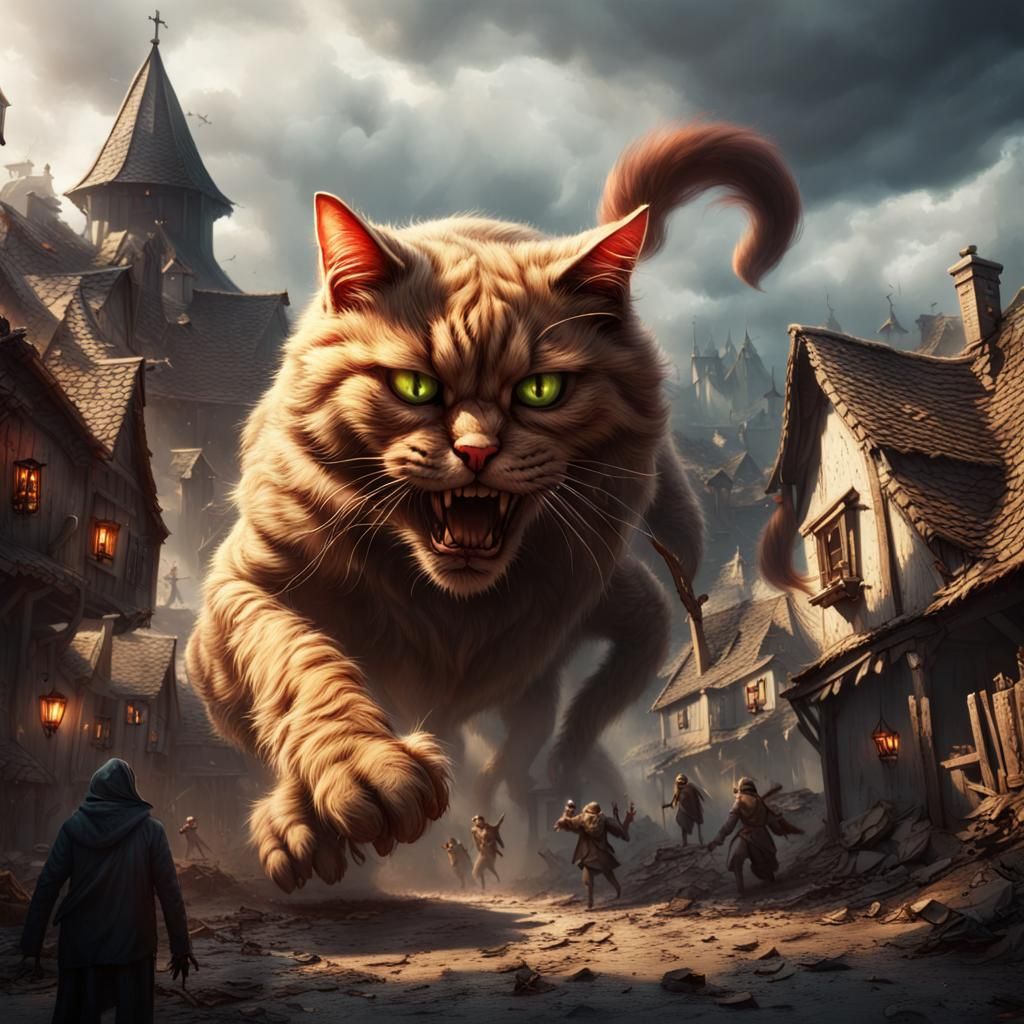 Giant Evil Cat Attacks Village: Detailed Matte Painting