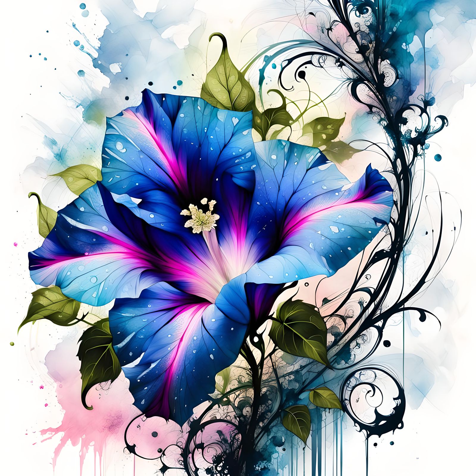 Intricate Ink Drawing of a Blue Morning Glory