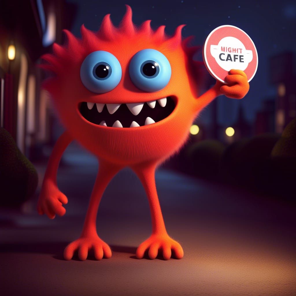Cute Monster Holds Nightcafe Sign: Pixar Style