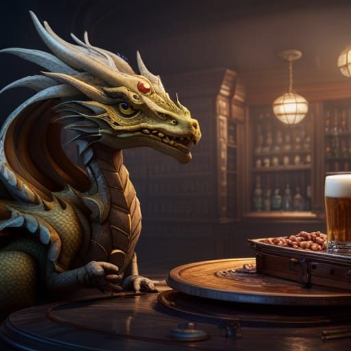 Dragon Enjoying Beer in a Fantasy Bar