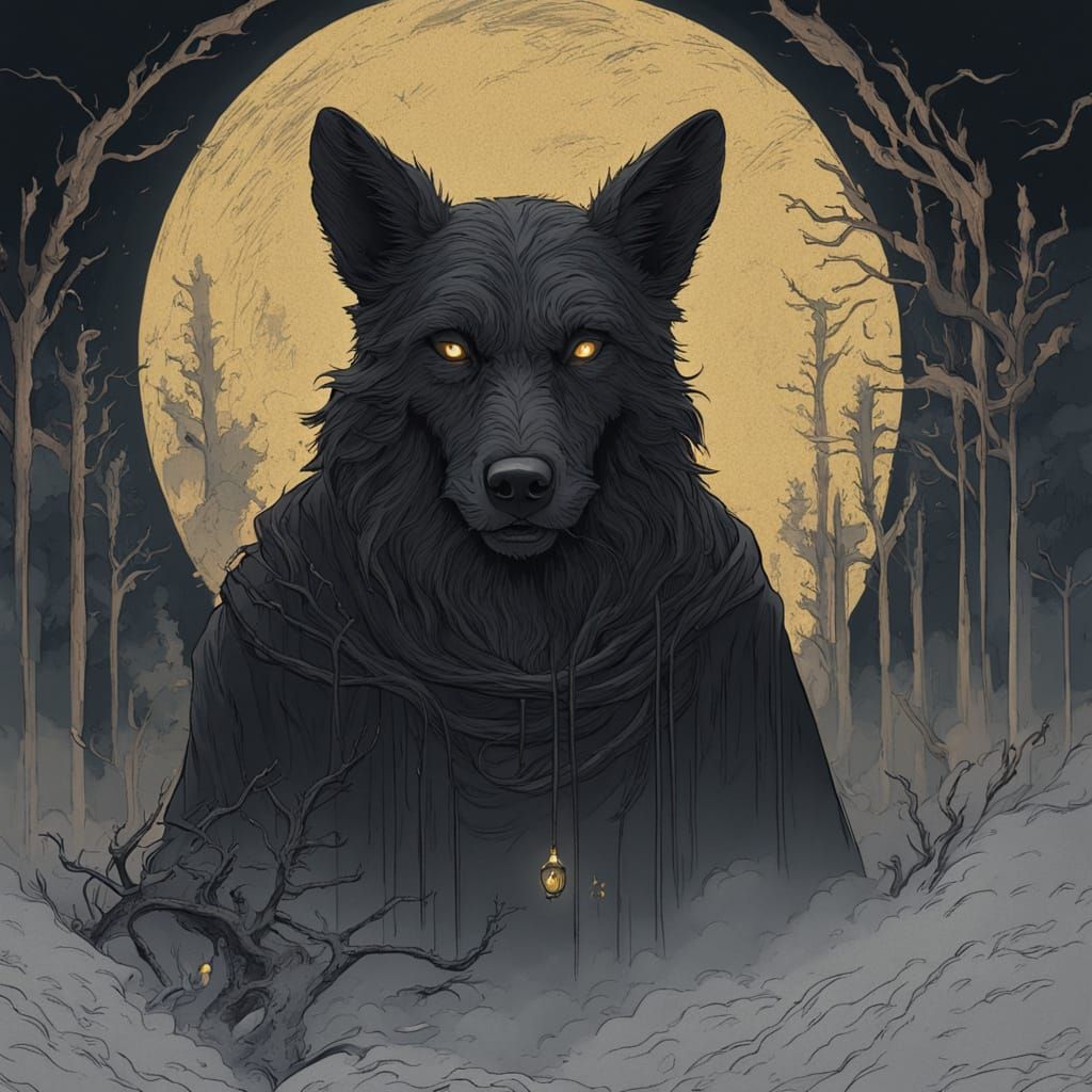 A ghostly, doglike spirit in the night sky, color scheme of ...