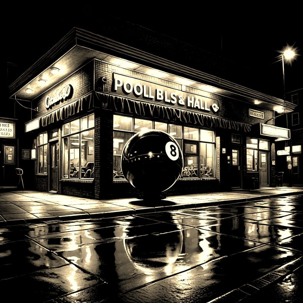 Hyperrealistic Nighttime Scene of a Pool Hall Building with ...