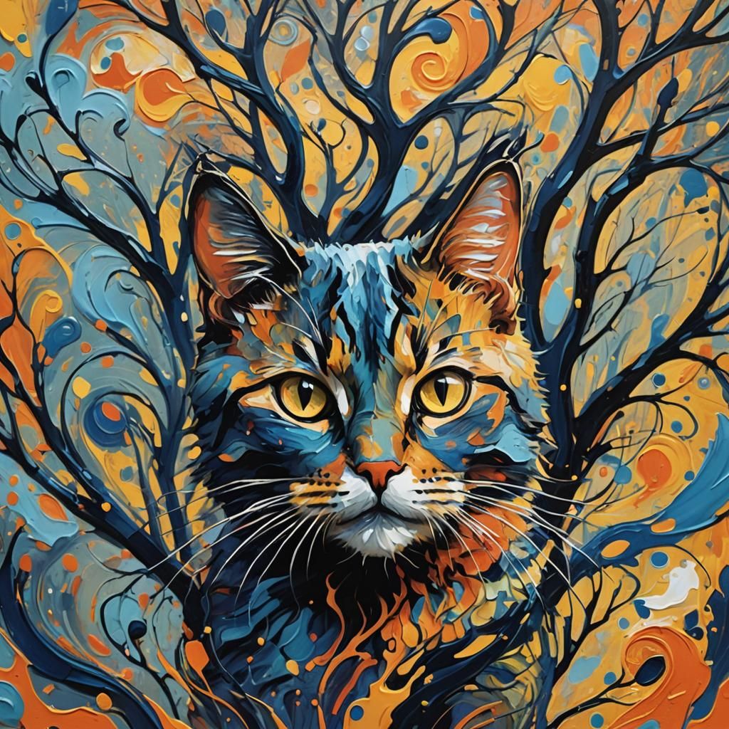 Abstract Expressionism: Vibrant Cat in Swirling Patterns