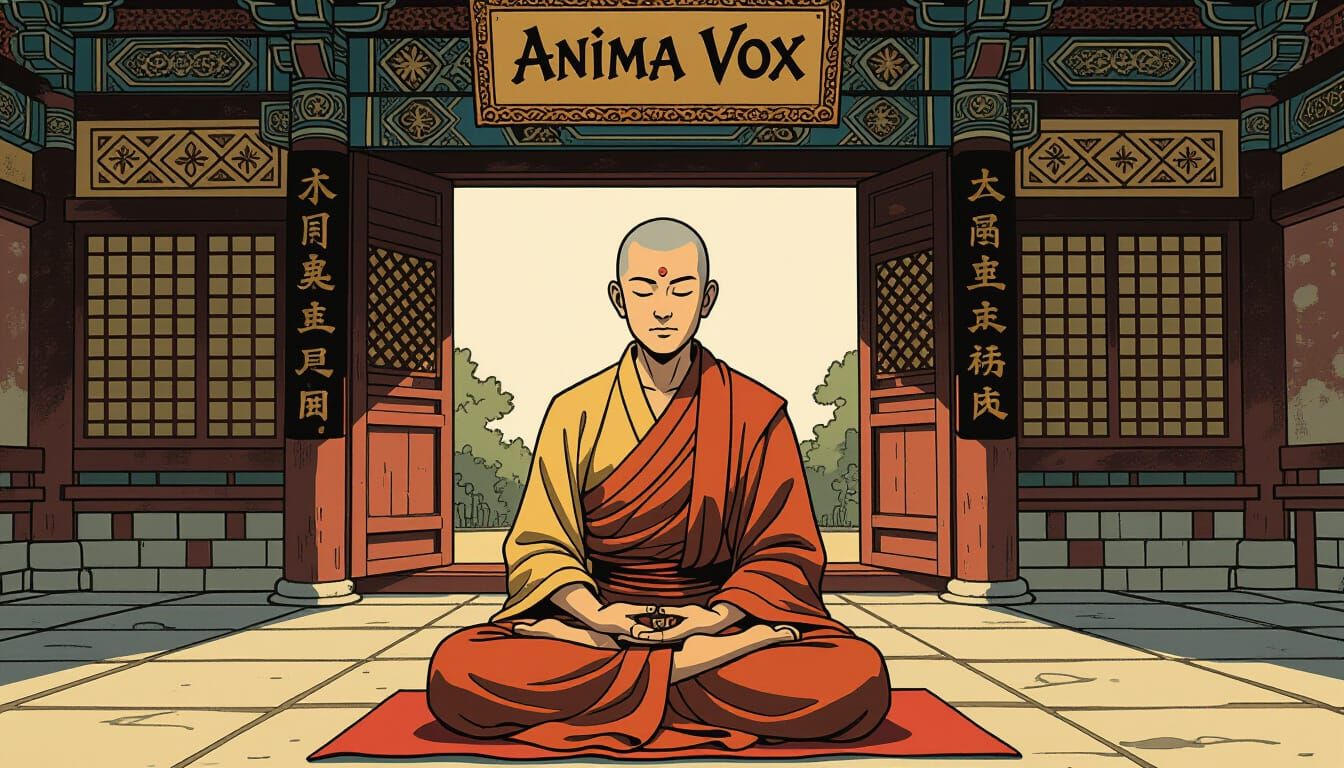 Meditating Monk in Ornate Temple, Comic Art Style