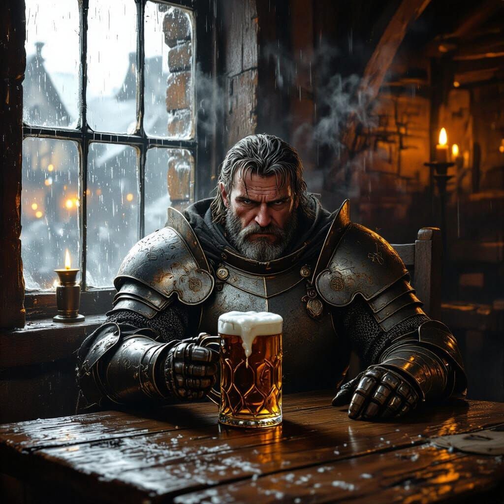 Grizzled Knight in Dim Tavern, Realistic Style