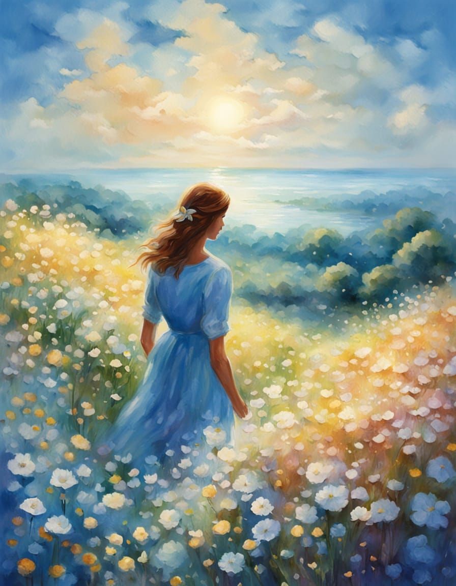 Impressionist Woman Surrounded by Vibrant Blooms in Sunny Go...