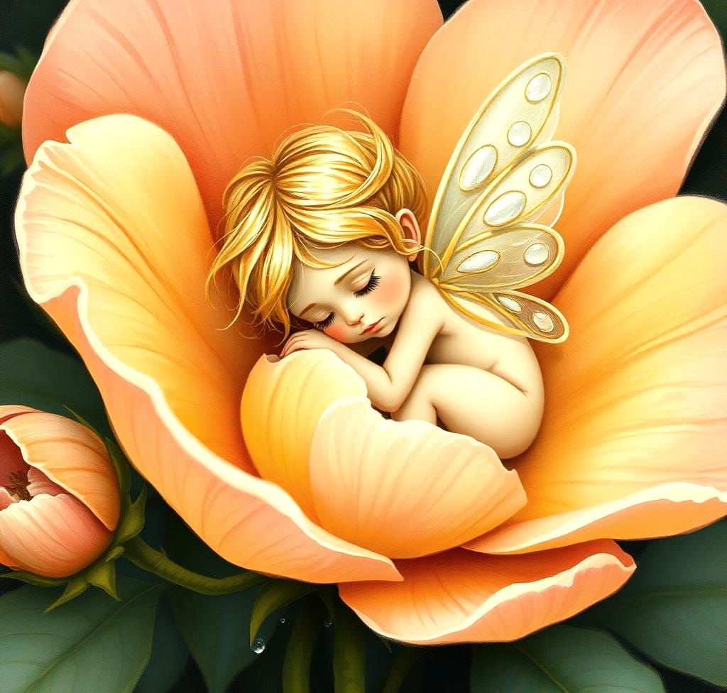 Sleeping Fairy on Flower, Gouache Painting