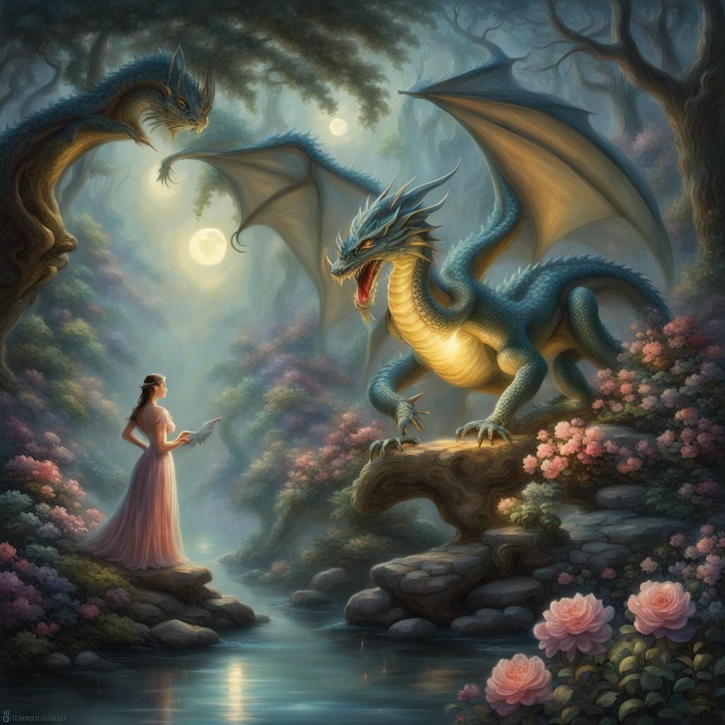 Fantasy Dragon and Magician in Moonlight Forest