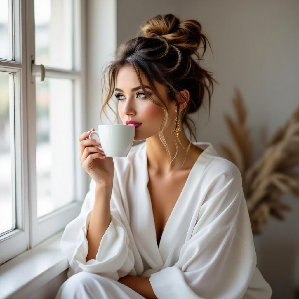 Stunning Woman in White Robe Sips Coffee in Studio