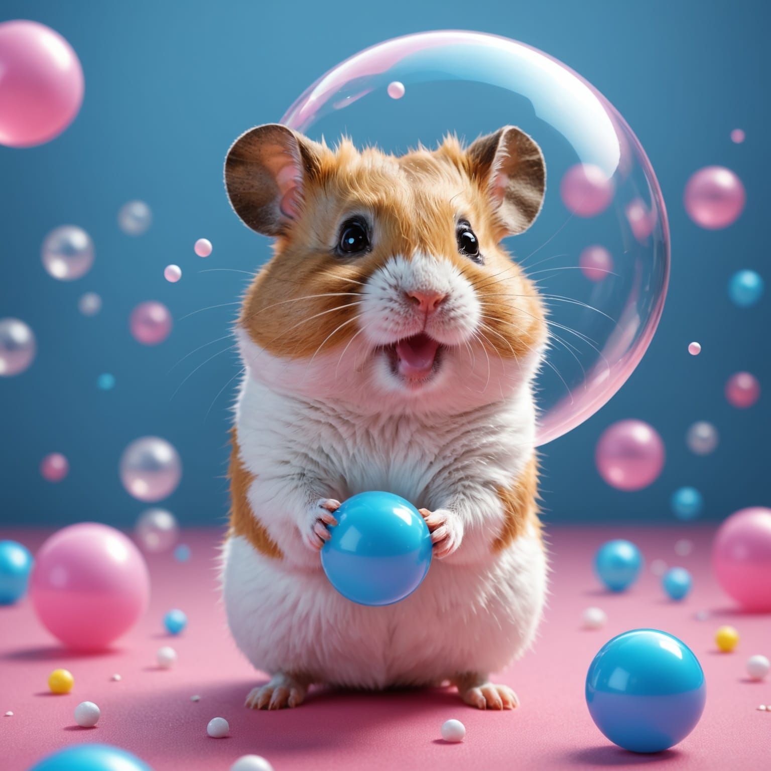 Cute Hamster Blows Giant Bubblegum Bubble in Playful Art