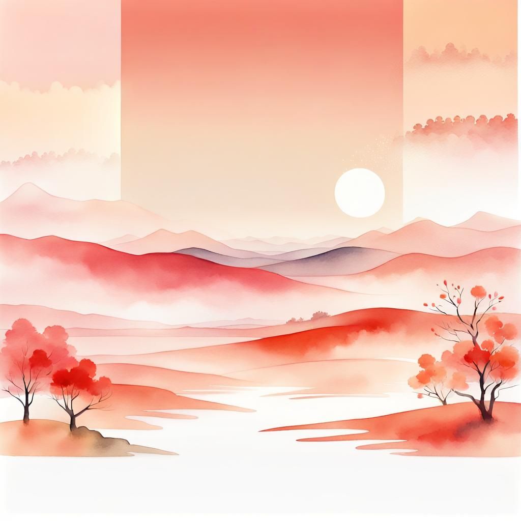 Lunar New Year Watercolor Landscape in Soft Color Palette
