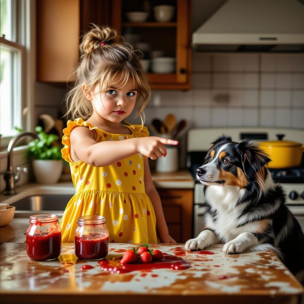 Girl Points Accusatory Finger in Jam-Covered Kitchen