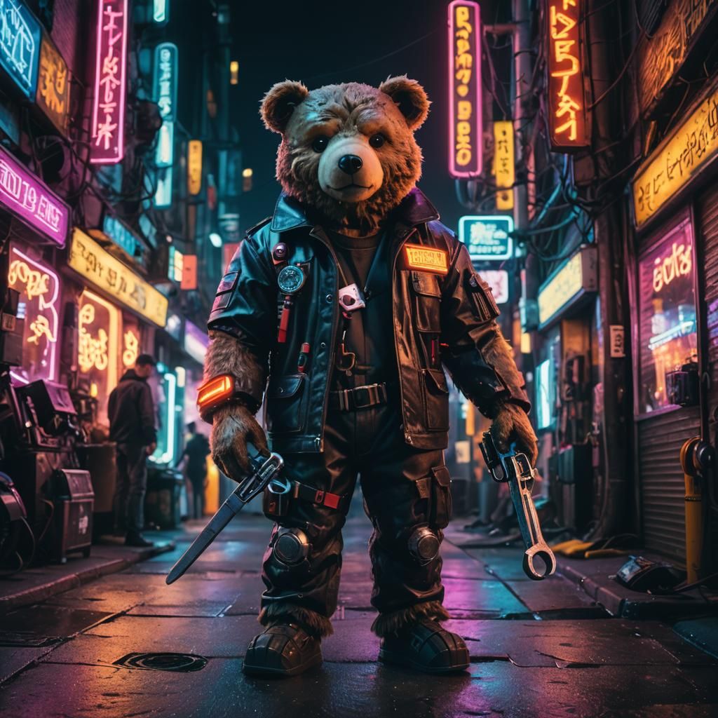 Cyberpunk Machinist Teddy Bear in Neon Cityscape