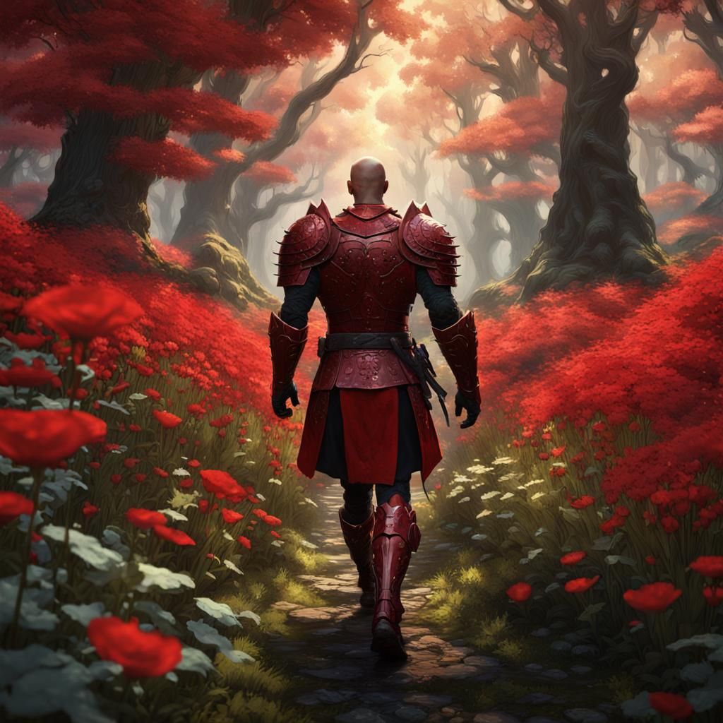 Armored Teenager in Dark Fantasy Flower Forest