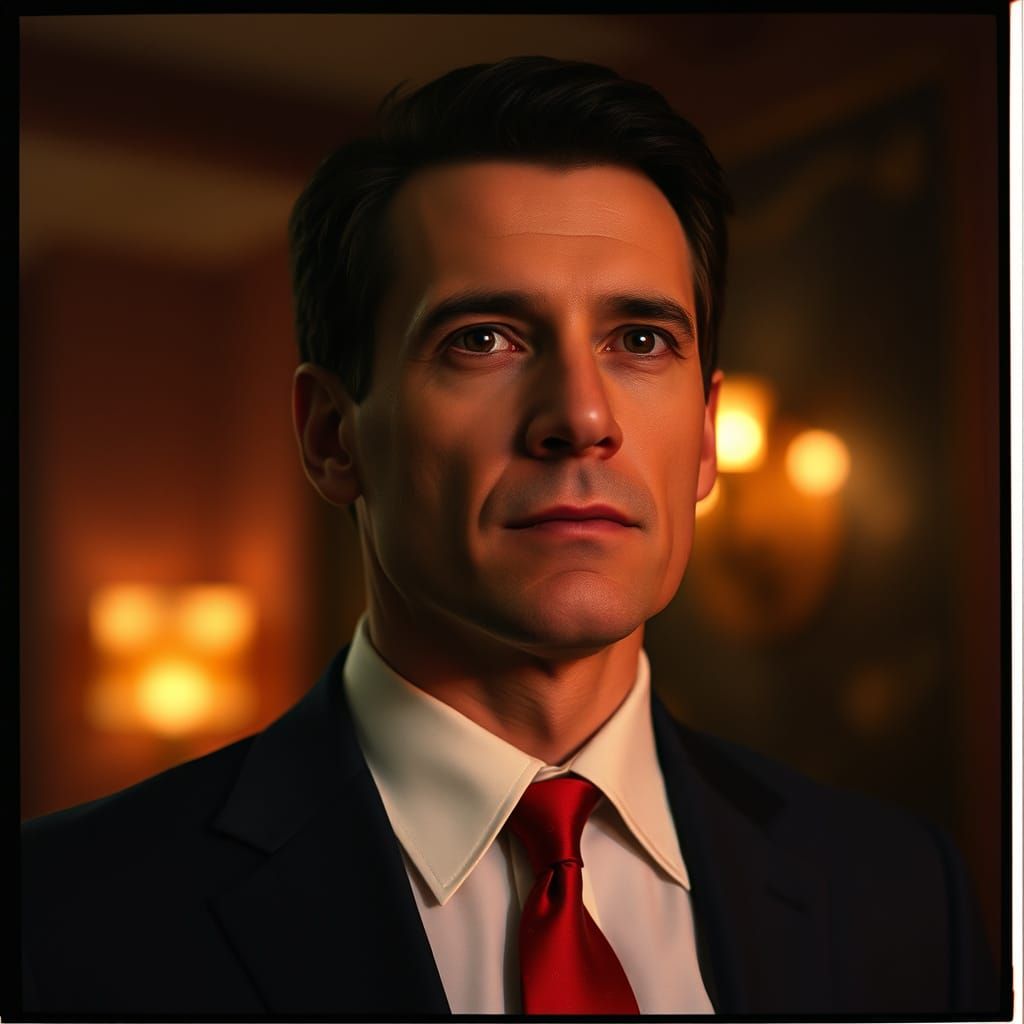 Dramatic Cinematic Film Still of Man in Red Tie