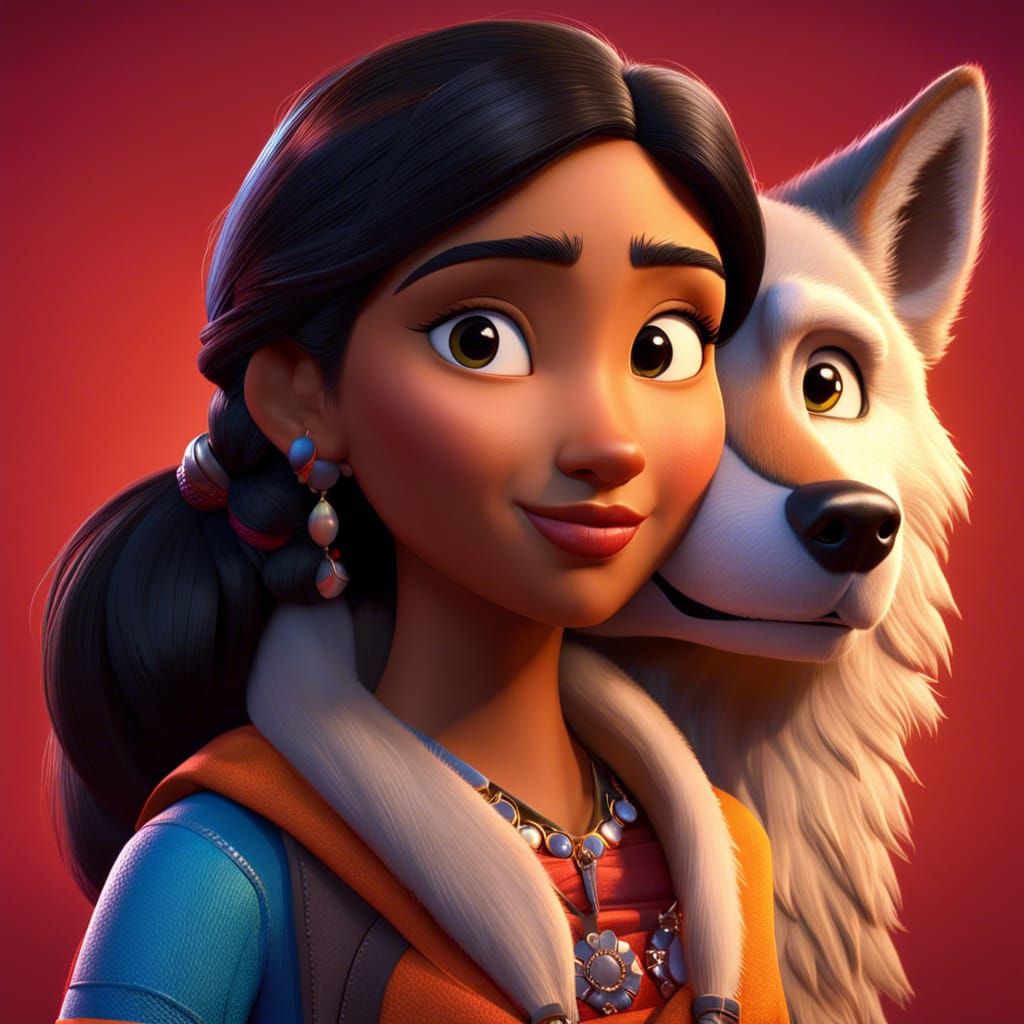 Indian-American Heroine and Wolf, Pixar-Style 3D Art