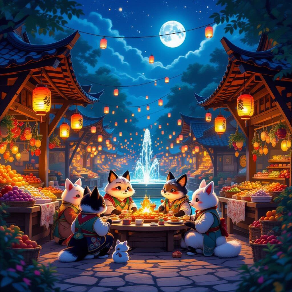 Whimsical Twilight Marketplace with Fantastical Creatures