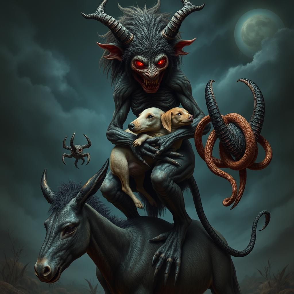 Grotesque Demoness with Animals in Gothic Fantasy Style