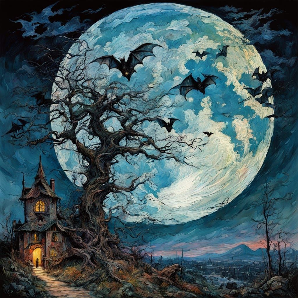 Mysterious Nighttime Scene Under a Full Moonlit Sky