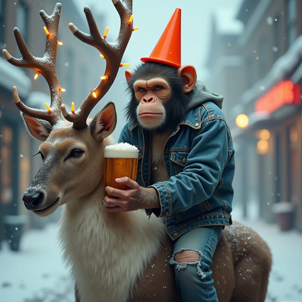 Monkey Rides Reindeer in Winter Wonderland