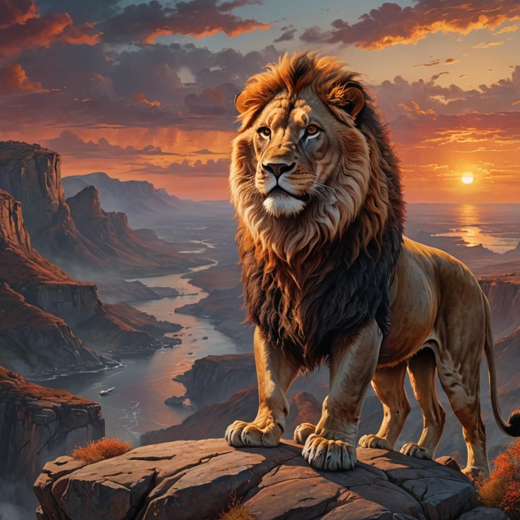 Majestic Lion Overlooking Kingdom at Sunset