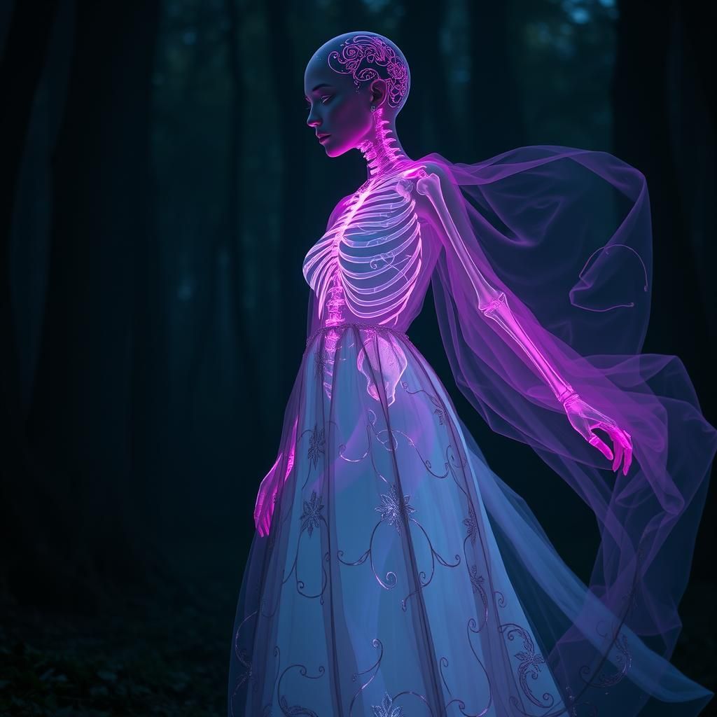 Ethereal Woman with Neon Skeleton in Dark Woods