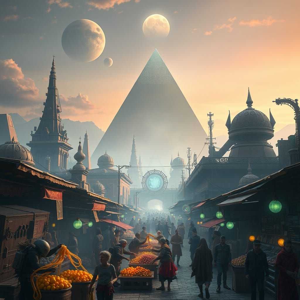 Alien Marketplace with Hovering Pyramid