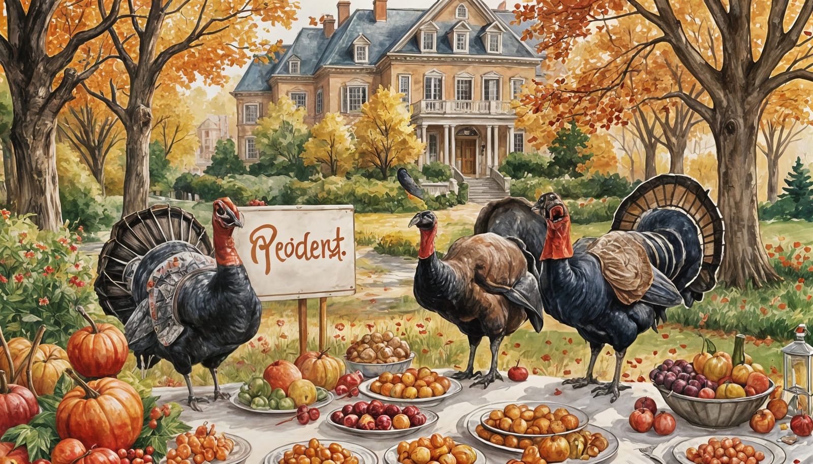 Turkeys Protest Thanksgiving Dinner: Pen and Watercolor