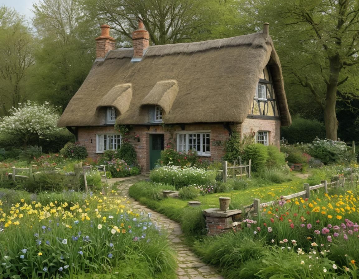Idyllic Thatched Roof House with Spring Garden