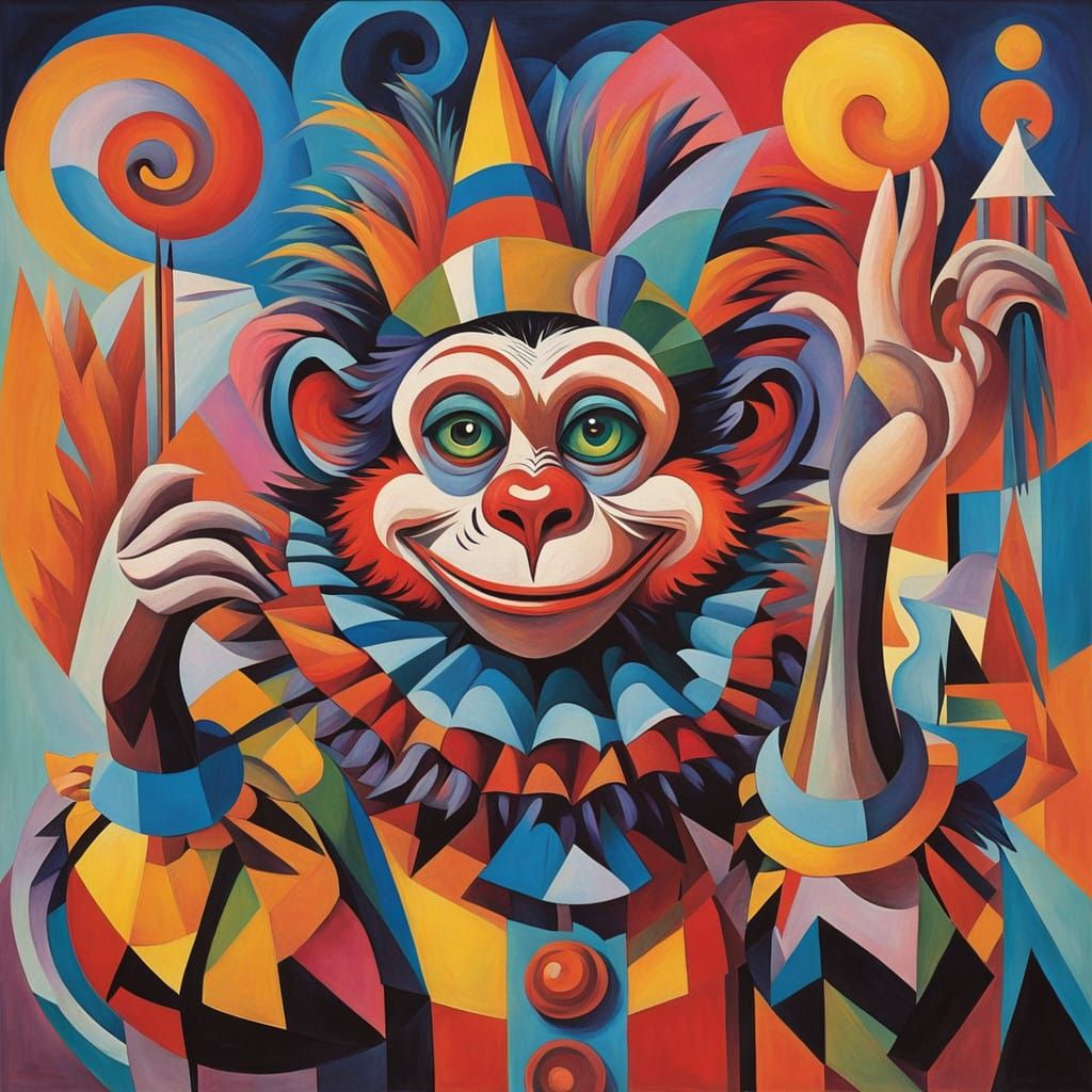 Surreal Monkey Clown in Vibrant, Abstract Landscape