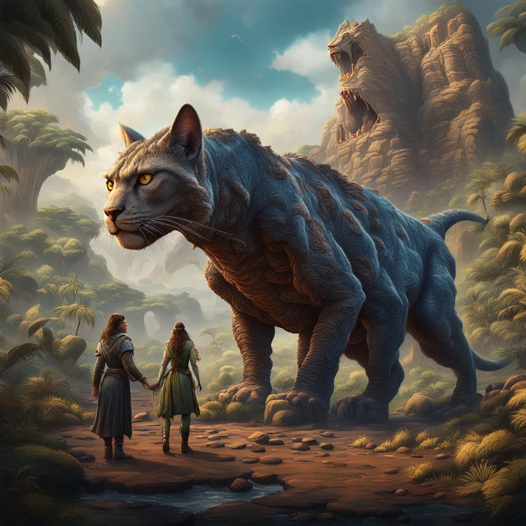 Prehistoric Cat and Woman: Fantasy Concept Art