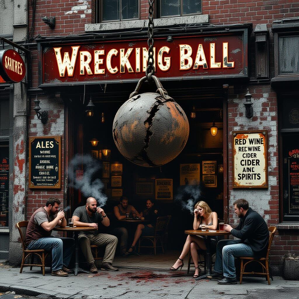 Wrecking Ball Pub: Gritty Urban Scene with Ales and Spirits