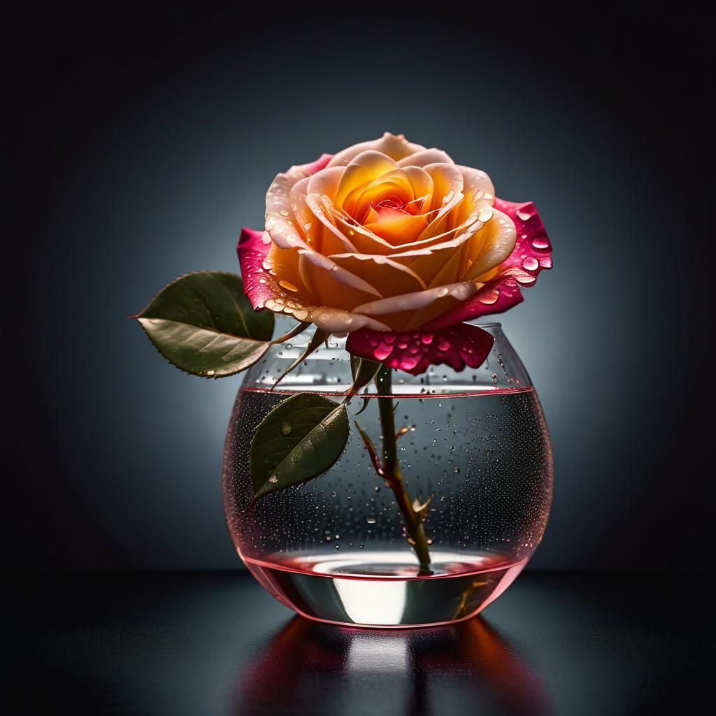 Photorealistic Rose in Glass Vase Oil Painting
