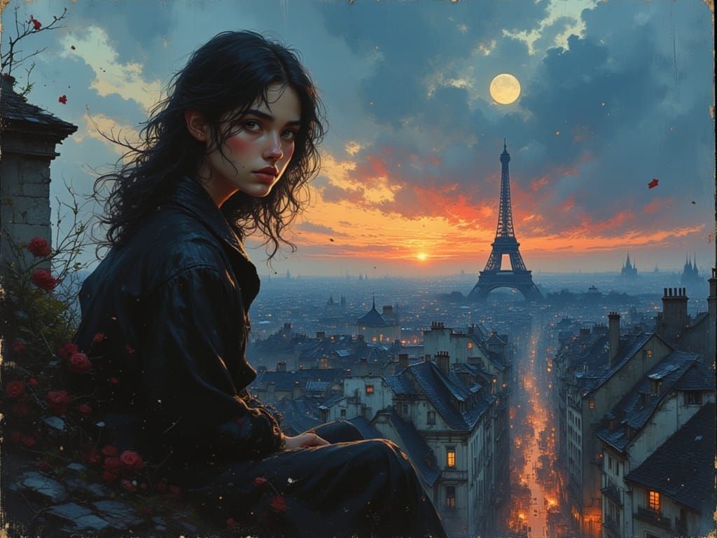 Woman on Paris Rooftops at Twilight