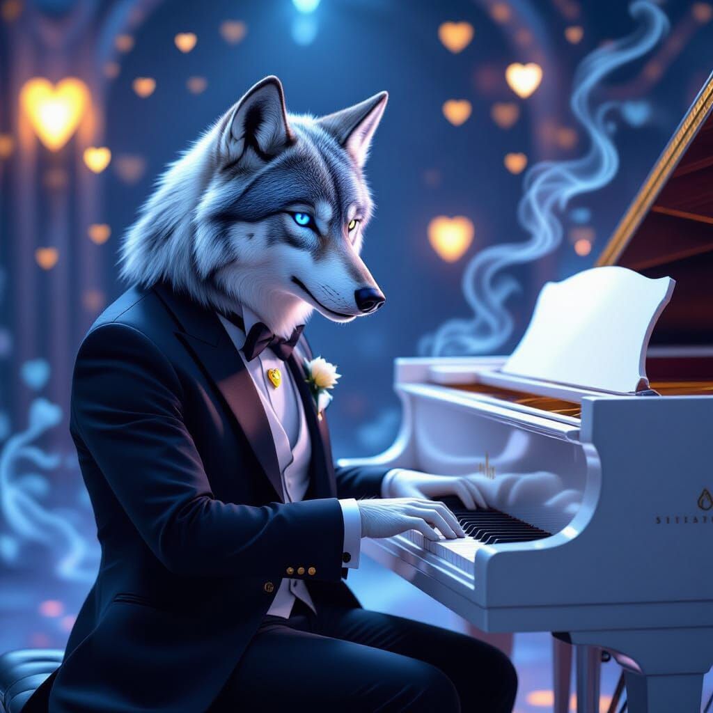 Wolf Pianist in Tuxedo Plays Synthwave Melody