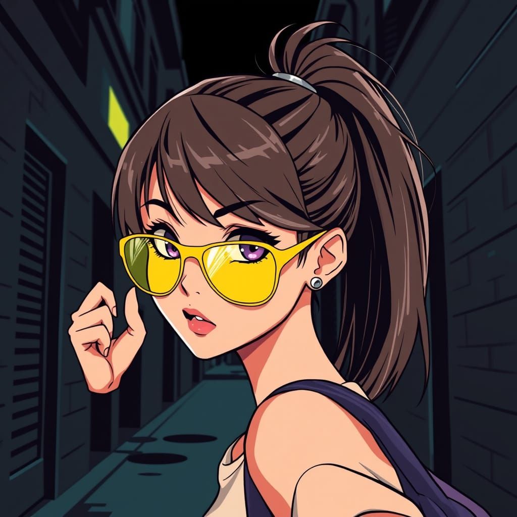 Anime Girl in Alley with Yellow Sunglasses