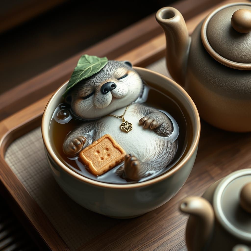 Whimsical Otter in Oolong Tea, Chibi Style