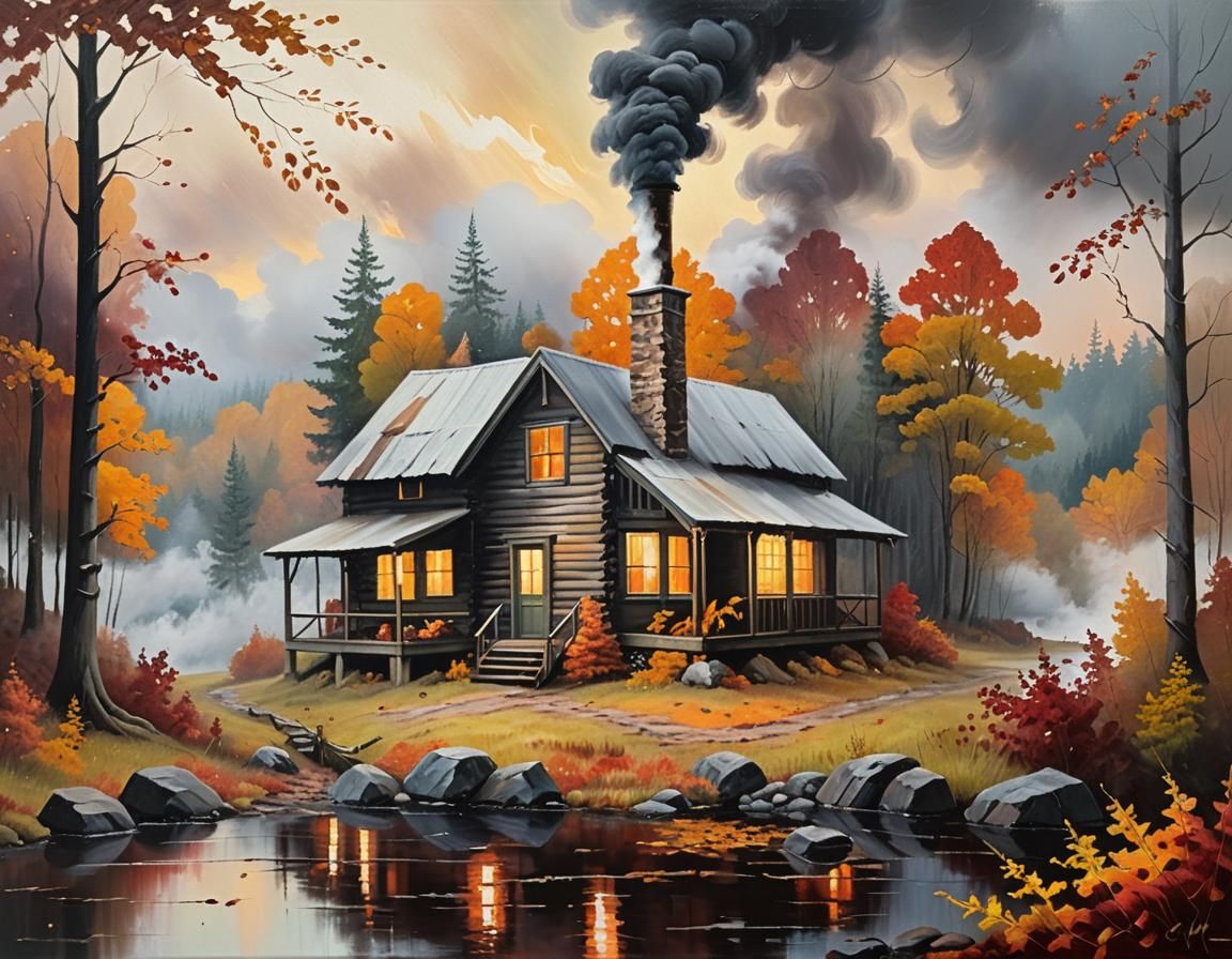 Secluded Cabin in Autumn Woods: Moody Oil Painting