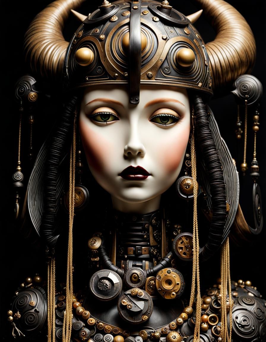 Surreal Viking Doll Portrait in Art Deco Style