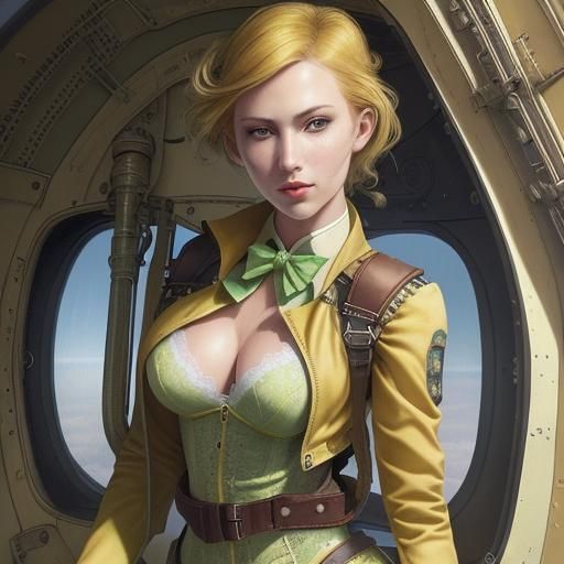 Steampunk Woman on a Jet Plane in Color Pencil Art